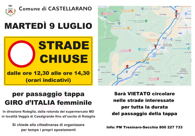 Chiusura strade Martedi 9 Luglio dalle ore 12.30 alle ore 14.30 per passaggio Giro d'Italia